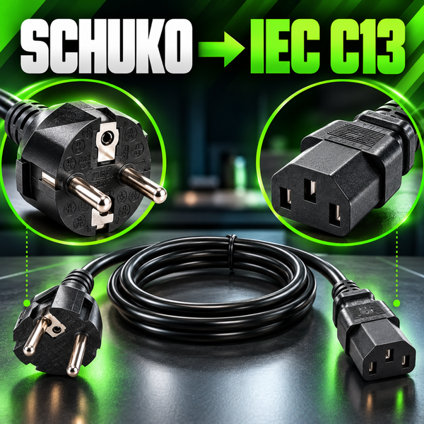 Netzkabel mit Schutzkontaktstecker auf IEC C13 Kaltgerätestecker für den Anschluss elektrischer Geräte.