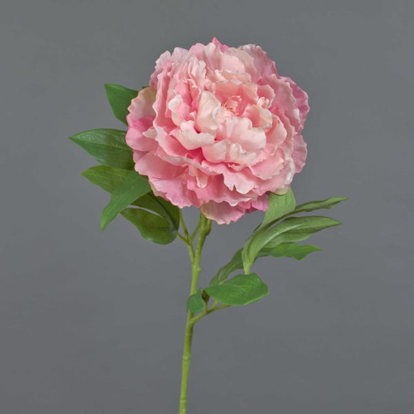 Künstliche Pfingstrose mit großer rosa Blüte und grünen Blättern am Stiel.