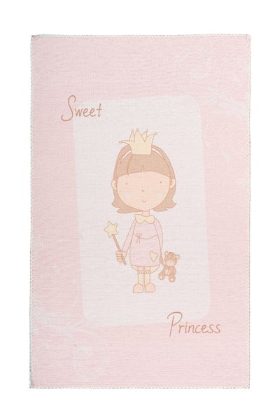 Rosa Kinderteppich mit Prinzessinnen-Motiv, Zauberstab, Teddybär und Schriftzug Sweet Princess.
