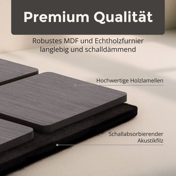 Detailansicht eines Akustikpaneels mit hochwertigen Holzlamellen aus mitteldichter Holzfaserplatte und Echtholzfurnier auf Akustikfilz.