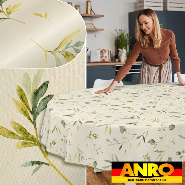 Runde Tischdecke mit Blättermuster und Anro Logo.