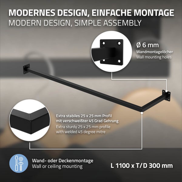 ML-Design 3er Set Kleiderstange Übereck für die Wand, T30cm x B110cm, Schwarz, aus Stahl, Garderobenstange L-Form, Kleiderständer Wandmontage, Kleidergestell Garderobenhalter, inkl. Montagematerial