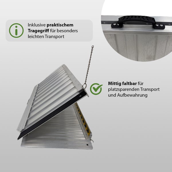 Klappbare Aluminium Rampe mit Tragegriff für einfachen Transport und platzsparende Aufbewahrung