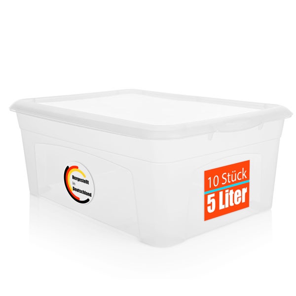 BigDean 10 Stück Aufbewahrungsbox mit Deckel 5L robust & stapelbar aus lebensmittelechtem Kunststoff – Plastikbox transparent Made in Germany