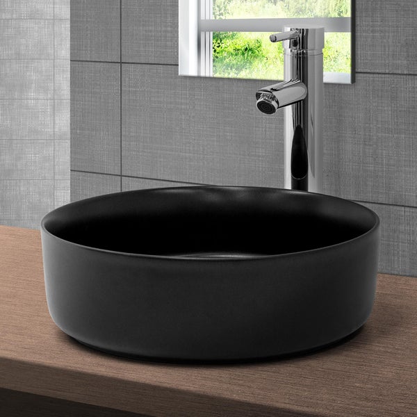 ML-Design Waschbecken aus Keramik in Schwarz matt Ø 360 x 120 mm mit Ablaufgarnitur, Runde Aufsatzwaschbecken, Moderne Waschtisch Waschschale Waschplatz Handwaschbecken, für Badezimmer / Gäste-WC