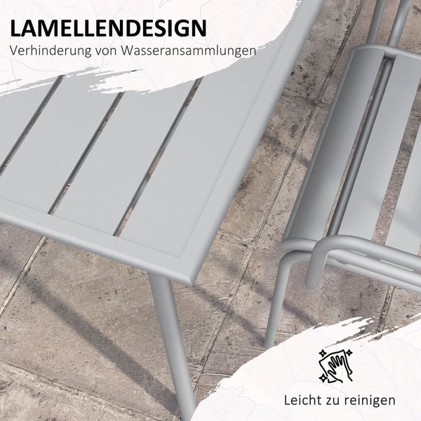 Gartenmöbel aus Metall mit Lamellendesign an Tisch und Stuhl zur Vermeidung von Wasseransammlungen, pflegeleicht und einfach zu reinigen.
