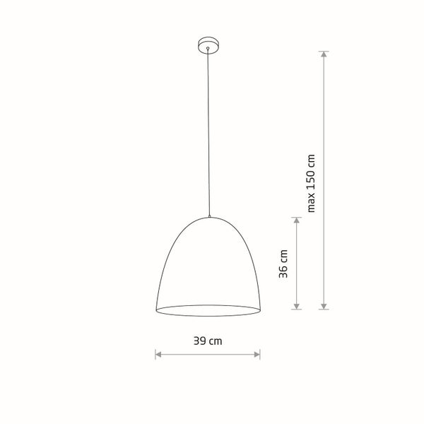 Technische Zeichnung einer Pendelleuchte mit Maßen: Schirmdurchmesser 39 cm, Schirmhöhe 36 cm, maximale Gesamtlänge 150 cm.