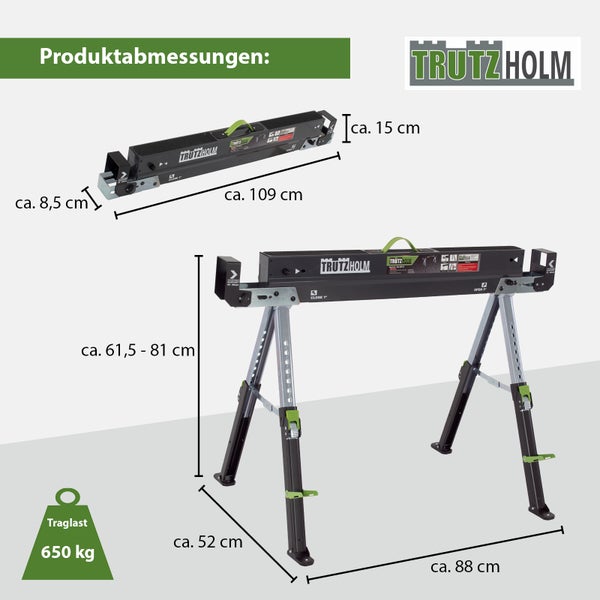 Produktabbildung eines TrutzHolm Werkbock mit Maßangaben.