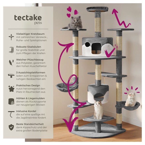 Grauer Kratzbaum mit mehreren Ebenen, Sisalsäulen und Katzen