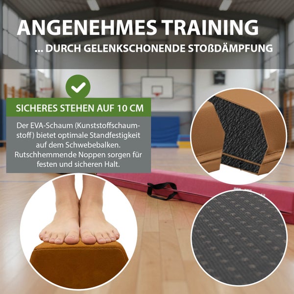 Kinder balancieren auf einem Schwebebalken aus weichem Material, verschiedene Farbvarianten und Transporttasche dargestellt.