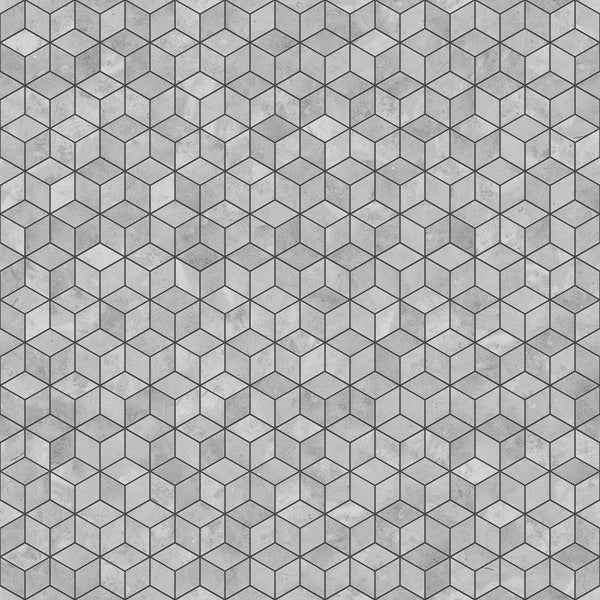 Tapete oder Fliese mit geometrischem Würfelmuster in Betonoptik, dreidimensionaler Effekt, Grautöne.