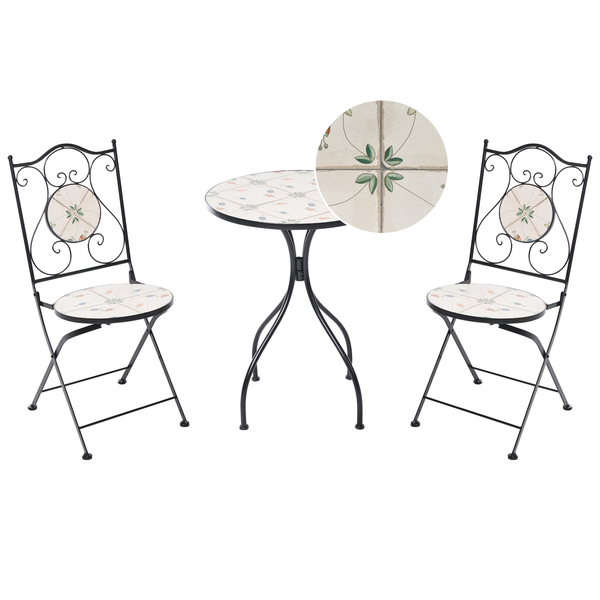 Bistro-Garnitur aus Metall mit Mosaik-Elementen, bestehend aus rundem Tisch und zwei klappbaren Stühlen mit Blattmuster.