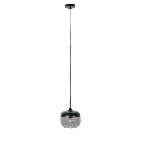 Schwarze Hängeleuchte aus Metall und Glas mit einem runden Schirm und sichtbarem Leuchtmittel.