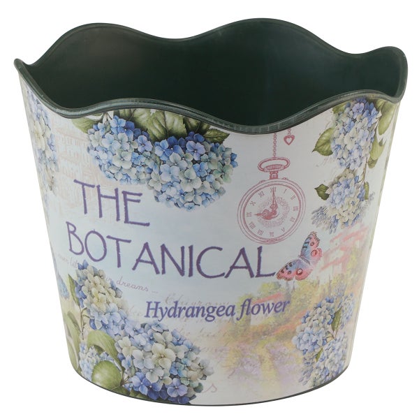 Übertopf mit Hortensien-Motiv, Schriftzug The Botanical Hydrangea flower und gewelltem Rand.