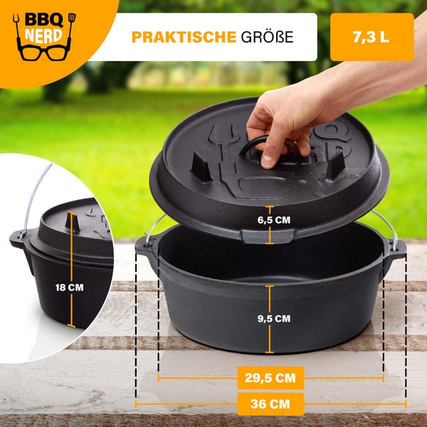 BBQ-Nerd Dutch Oven Professional 7,3L mit Ständer | bereits eingebrannt - preseasoned | Gusseisen Feuertopf mit Deckel und integr. Bratpfanne | Feuerfester Grill & Camping Kochtopf mit Deckelheber