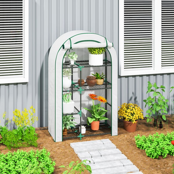Outsunny Gewächshaus mit Runddach Tür, Regale, winterfest Foliengewächshaus aus Stahl, Treibhaus für Balkon, Garten, Tomatenhaus 100 x 45 x 160 cm, Tomatengewächshaus für Tomaten, Gemüse, Blumen, Weiß
