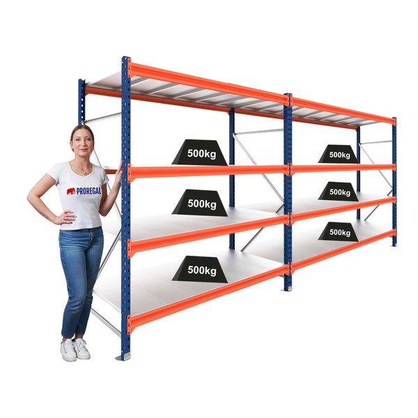Weitspannregal mit blauem Gestell, orangefarbenen Traversen und vier Ebenen, Tragkraft 350 Kilogramm pro Boden, hergestellt in der Europäischen Union.