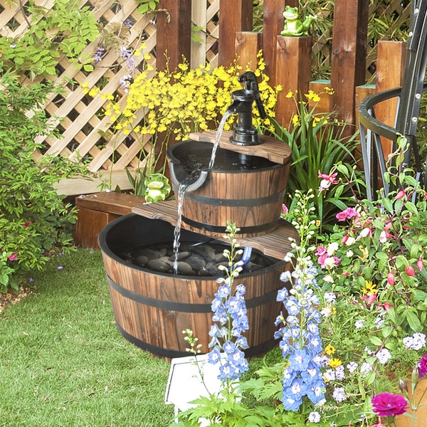 Outsunny Springbrunnen aus Holz Outdoor Gartenbrunnen Dekorationsbecken Ornamenten Pumpe Zimmerbrunnen Wasserspiel Brunnen für Garten Terrasse Rasen 44,5 x 44,5 x 58,5 cm Dunkelbraun