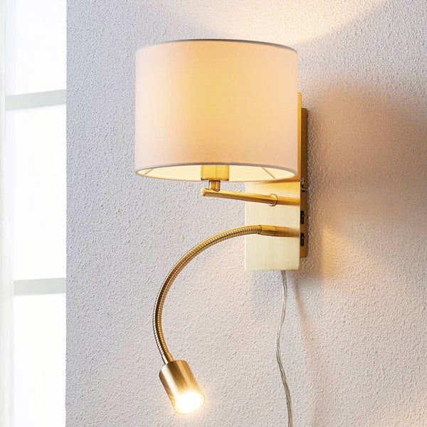 Lindby Wandlampe Textil Messing matt mit LED Leselampe Flexarm, Wandleuchte innen Nachttischlampe Wand Schlafzimmer Wohnzimmerlampe