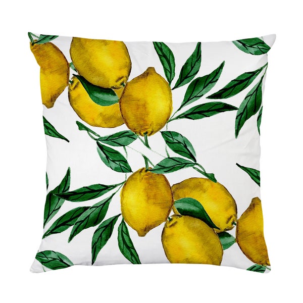 Quadratisches Dekokissen mit gelben Zitronen im Aquarell-Stil und grünen Blättern.