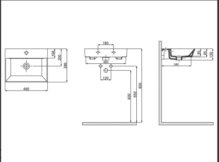 Technische Zeichnung eines Waschtischs mit Maßangaben
