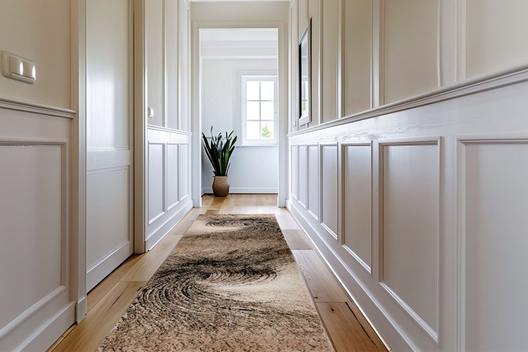 Ein heller Flur mit Wandverkleidung und Holzboden, ausgelegt mit einem länglichen Teppich mit abstraktem Wirbelmuster.