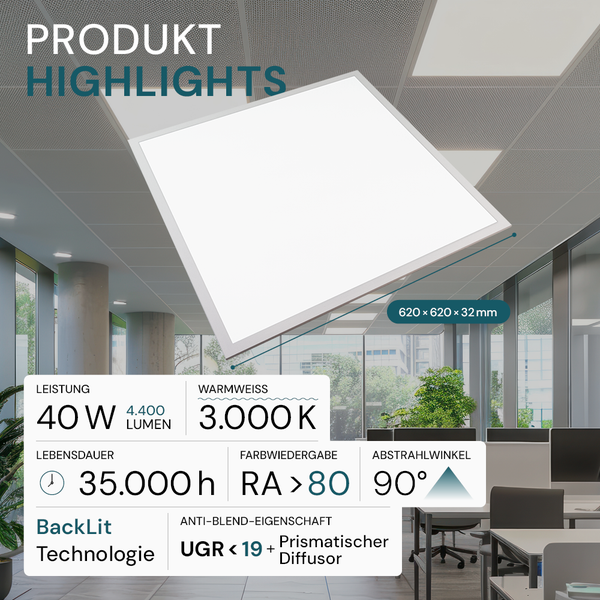 Quadratische LED Deckenleuchte mit den Maßen 620 x 620 x 32 mm und den technischen Daten: 40 Watt Leistung, 4400 Lumen, 3000 Kelvin warmweißes Licht, 35000 Stunden Lebensdauer, Farbwiedergabe größer 80 Ra, 90 Grad Abstrahlwinkel, Backlit Technologie, UGR kleiner 19 und prismatischer Diffusor