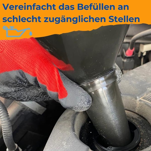 Ein Trichter wird zum Nachfüllen von Öl in einen Motor verwendet