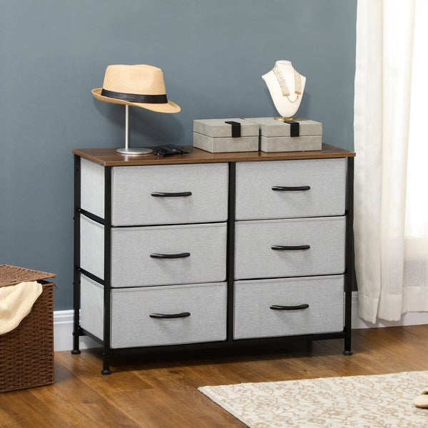 HOMCOM Kommode Sideboard mit 6 klappbaren Stoffschubladen, Schubladenschrank mit Arbeitsplatte, Griff, Mehrzweckschrank mit Kippschutz, für Wohnzimmer Schlafzimmer, Grau