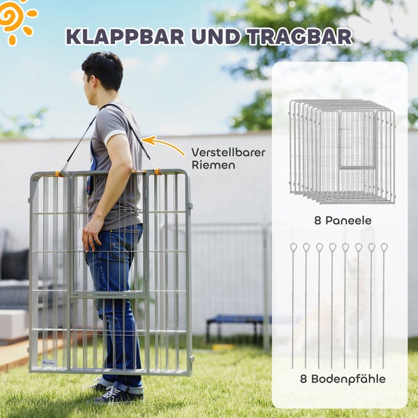 PawHut Welpenauslauf 100 cm Hoch, 8-TLG Hundelaufstall Welpenlaufstall mit Gurt und Tür, Freilaufgehege für kleine bis große Hunde, Meerschweinchen, Kaninchen, Stahl, Silber