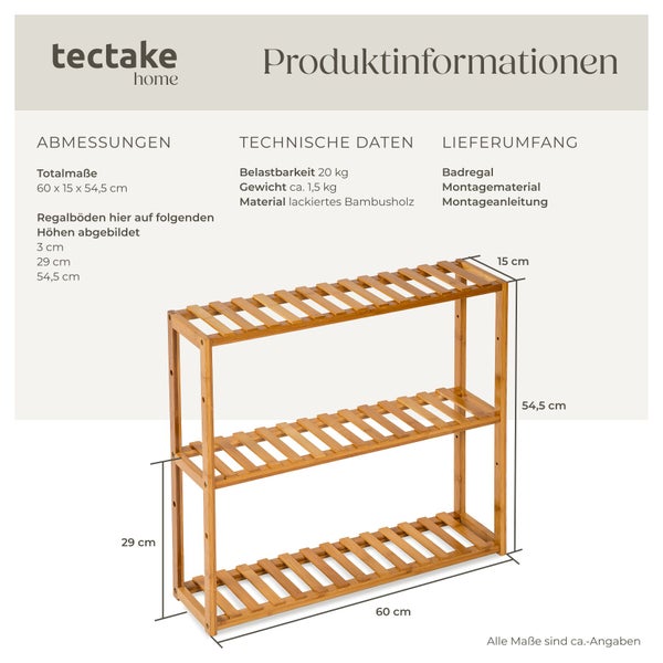 Tectake Home Badregal aus lackiertem Bambusholz mit drei Ablagen und Maßangaben in der Produktansicht.