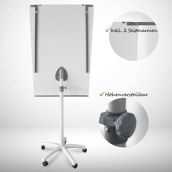 Rückansicht eines höhenverstellbaren Flipcharts auf Rollen inklusive zwei Seitenarmen und Detailansicht des Verstellmechanismus.