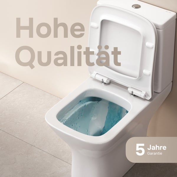 Stand WC mit Spülkasten und geöffnetem WC Sitz im Badezimmer mit fünf Jahren Garantie.