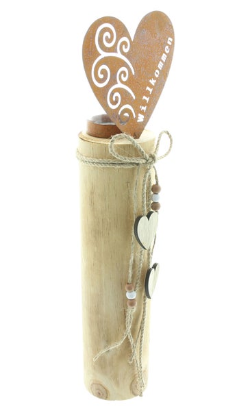 FRANK FLECHTWAREN | Windlichtsäule Herz, HOLZ, METALL, 8 x 8 x 44,5 cm