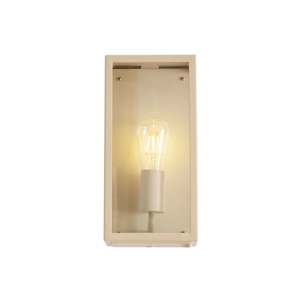 Rechteckige Außenwandleuchte in Beige mit klarem Glas und leuchtender LED-Lampe im Filament-Design.