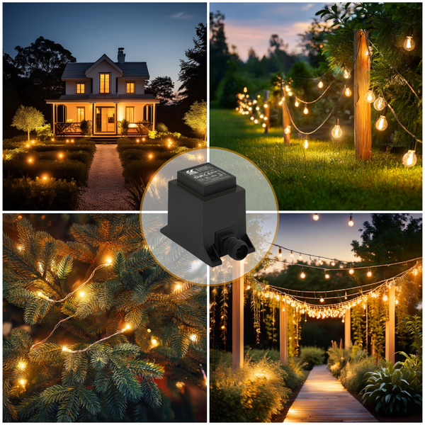 Netzteil für Gartenbeleuchtung mit Anwendungsbeispielen für Lichterketten und Hausbeleuchtung.