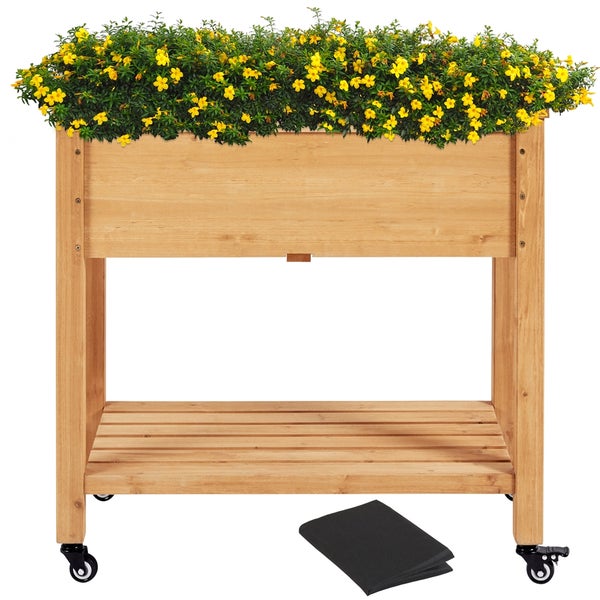 Hochbeet aus Holz mit gelben Blumen und Rädern