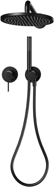 Schwarzes Duschsystem mit runder Kopfbrause, Handbrause und Einhebelmischer.