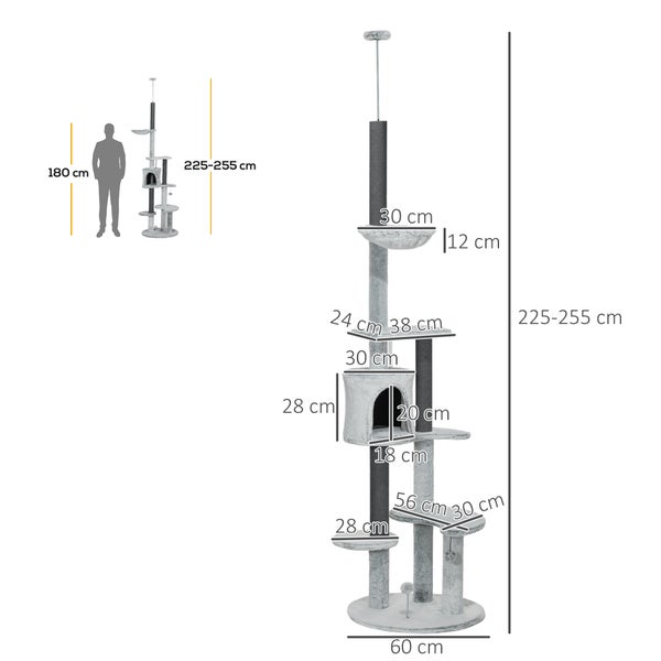 PawHut Kratzbaum Deckenhoch, Katzenbaum, 225-255 cm Katzenkratzbaum mit Katzenhöhle, Kratzstämmen, Korb, Spielball, Katzenmöbel mit Kippschutz, Grau