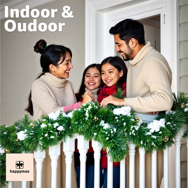 Familie auf dem Balkon mit Tannengirlande und Happymas Logo