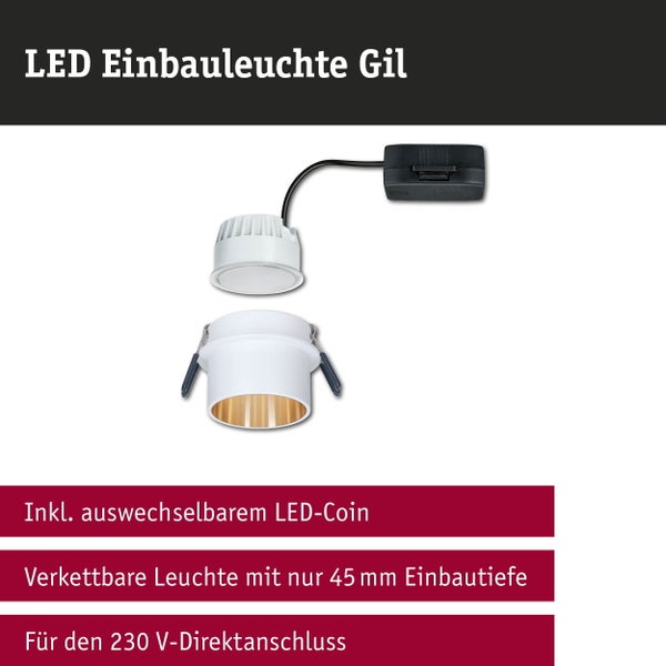 LED Einbauleuchte Gil mit auswechselbarem LED Coin, 45 Millimeter Einbautiefe, verkettbar, für 230 Volt Direktanschluss.