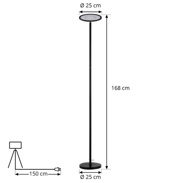 Schwarze Stehleuchte Deckenfluter mit 168 Zentimeter Höhe, 25 Zentimeter Durchmesser und 150 Zentimeter Kabellänge.