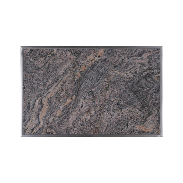 Rechteckige Tischplatte aus Granit mit Metallkante in der Draufsicht.