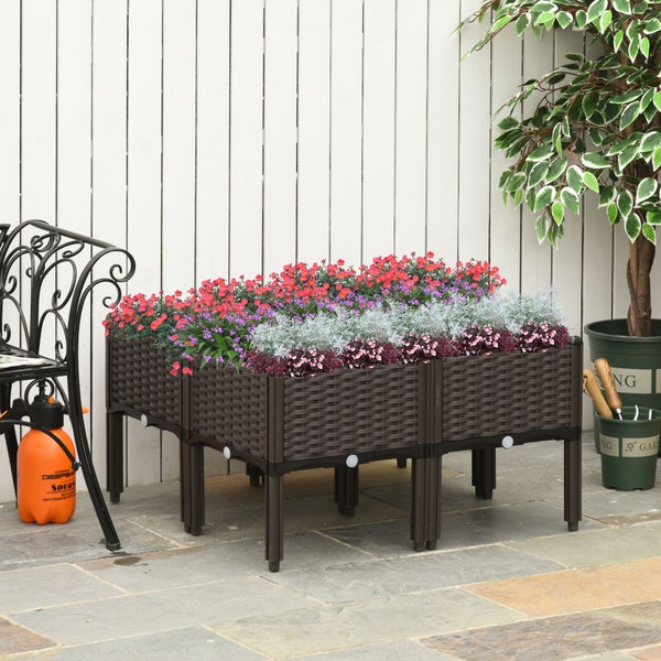 Outsunny Hochbeet 4-teiliger Pflanzkasten mit Abflusslöchern Rattan-Look Blumenkasten DIY Braun 40 x 40 x 44 cm