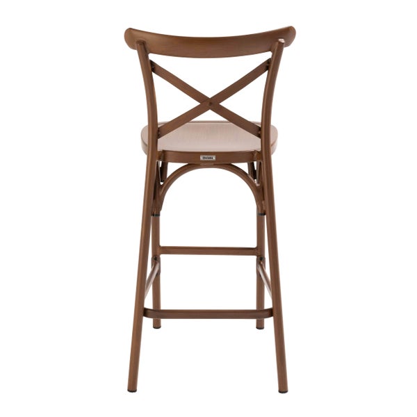 Barhocker aus Holz mit Kreuzlehne und Fußstützen, Rückansicht. Oviala Logo.