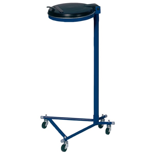 Mobiler Abfallsackhalter mit Deckel und Rollen, Metallgestell.