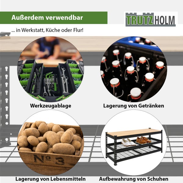 Anwendungsbeispiele für das Trutzholm Schwerlastregal zur Lagerung von Werkzeug, Getränken, Lebensmitteln und Schuhen in Werkstatt und Haushalt.