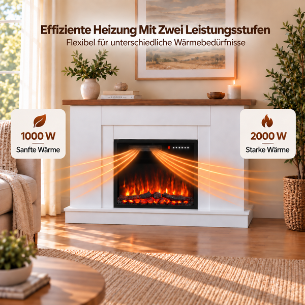 Elektrischer Kamin mit zwei Heizstufen 1000 Watt und 2000 Watt in einem wohnlich eingerichteten Raum mit Holzsims und Flammeneffekt.