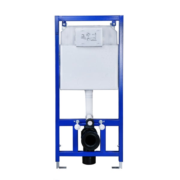 WC-Vorwandelement mit Unterputz-Spülkasten aus Kunststoff und blauem Metallrahmen für wandhängende WCs.