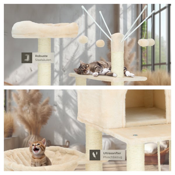 Kratzbaum tectake Lilou inklusive 4 Spielbällen, Kordel und Kippschutz 165 cm beige